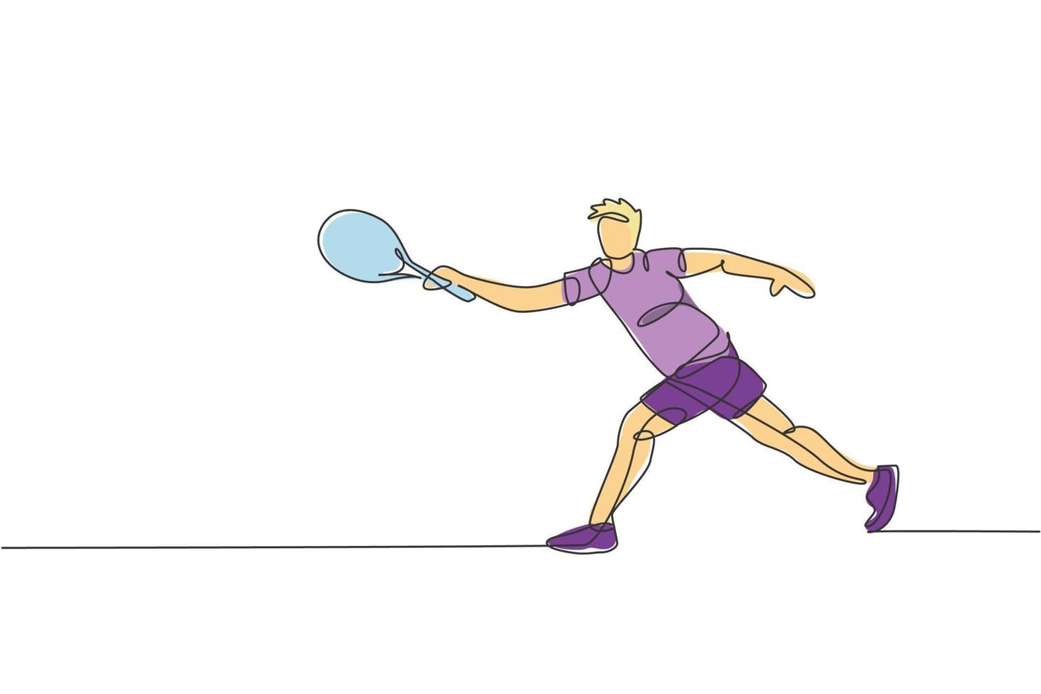 una sola línea dibujando un joven tenista enérgico golpeó la ilustración gráfica vectorial de la pelota. concepto de entrenamiento deportivo. diseño moderno de dibujo de línea continua para pancarta y afiche de torneo de tenis vector