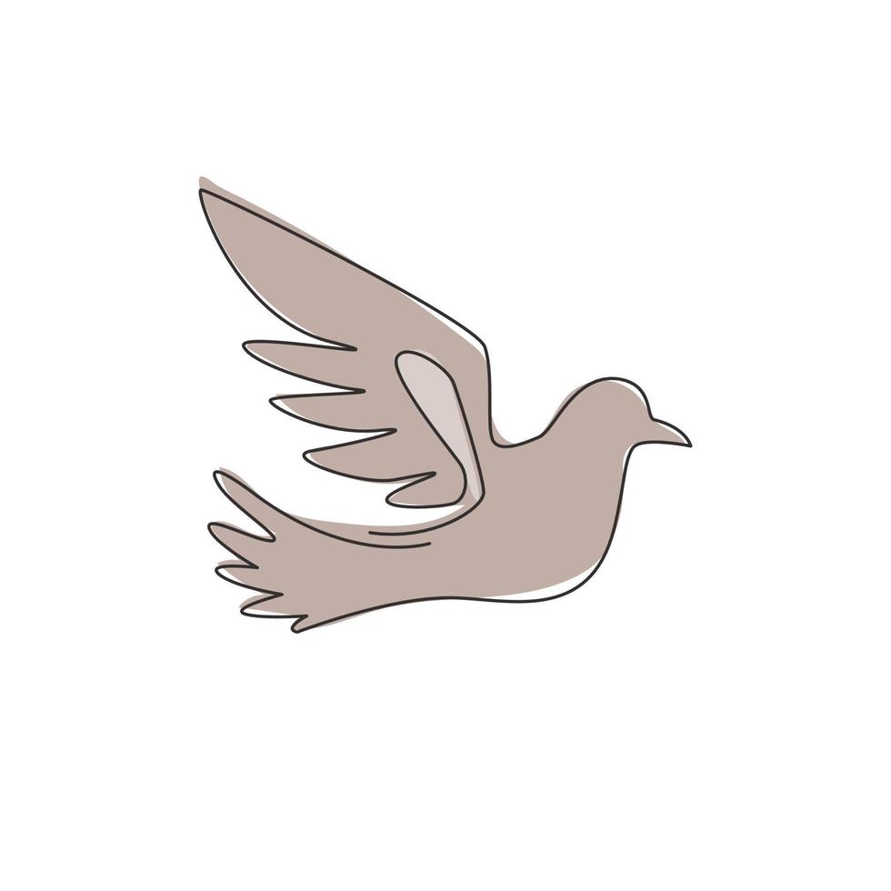 Single continuous line drawing of adorable flying dove bird for logo identity. Cute pigeon mascot concept for freedom and peace movement icon. Trendy one line draw graphic design vector illustration