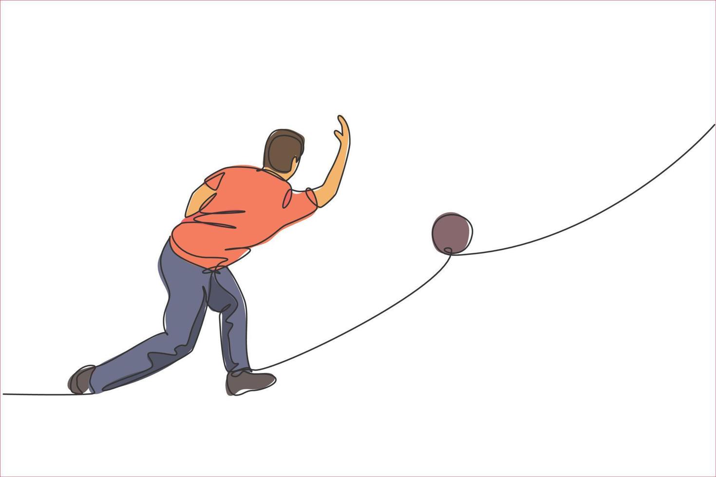 One continuous line drawing of young happy bowling player man throw ball into lane to hit the pin. Healthy sport and lifestyle activity concept. Dynamic single line draw design vector illustration