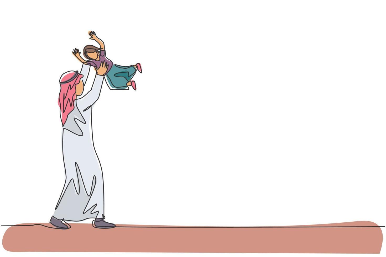 One continuous line drawing of young Islamic dad playing and lifting his daughter up into the air. Happy Arabian loving parenting family concept. Dynamic single line draw design vector illustration