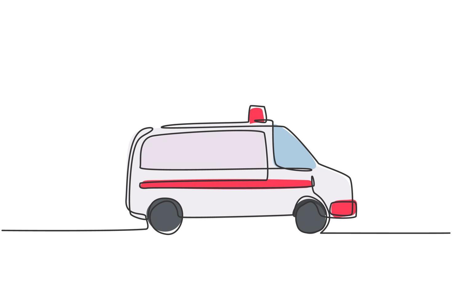 Coche de ambulancia de hospital de dibujo de una sola línea para ayudar al paciente lesionado en un accidente de tráfico. rescate de emergencia aislado doodle concepto mínimo. Ilustración de vector gráfico de diseño de dibujo de línea continua de moda