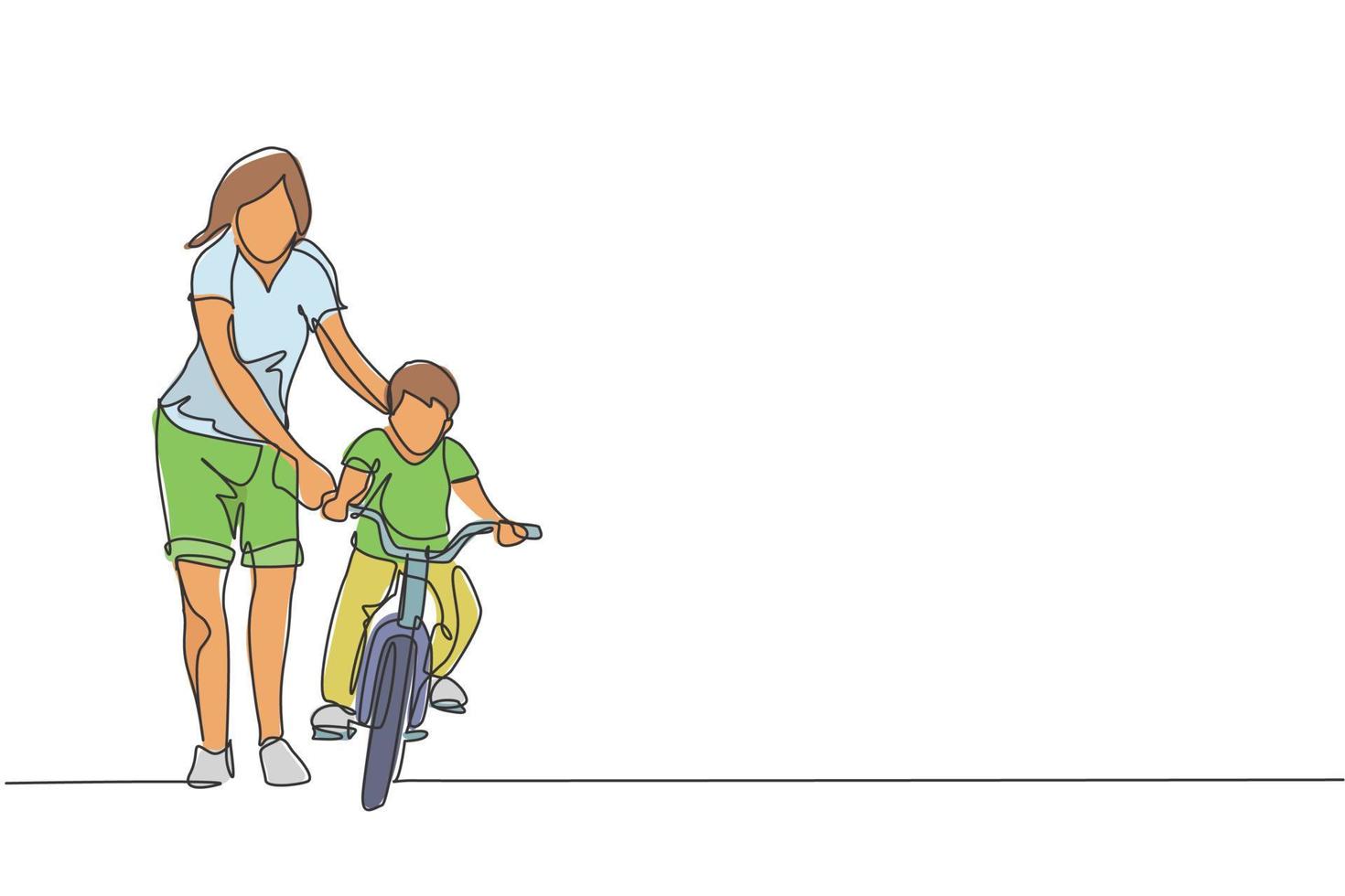 dibujo de línea continua única de niños pequeños aprendiendo a andar en bicicleta con su madre en el parque al aire libre. lección de paternidad. concepto de tiempo en familia. Ilustración de vector de diseño gráfico de dibujo de una línea de moda
