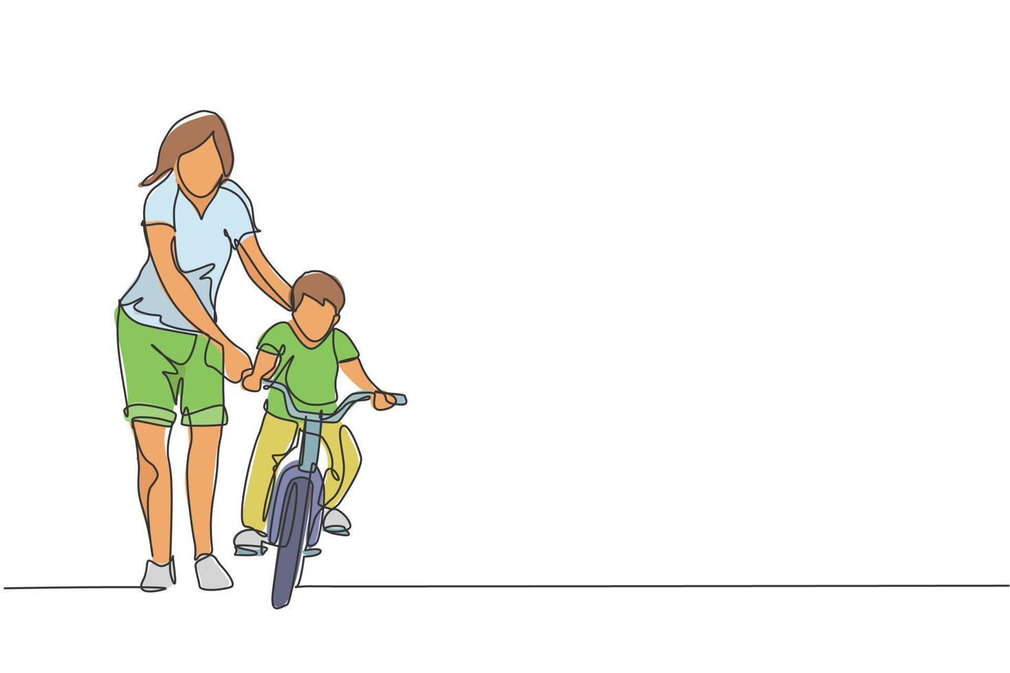 Single continuous line drawing of young kids boy learning ride bicycle with mother at outdoor park. Parenthood lesson. Family time concept. Trendy one line draw graphic design vector illustration