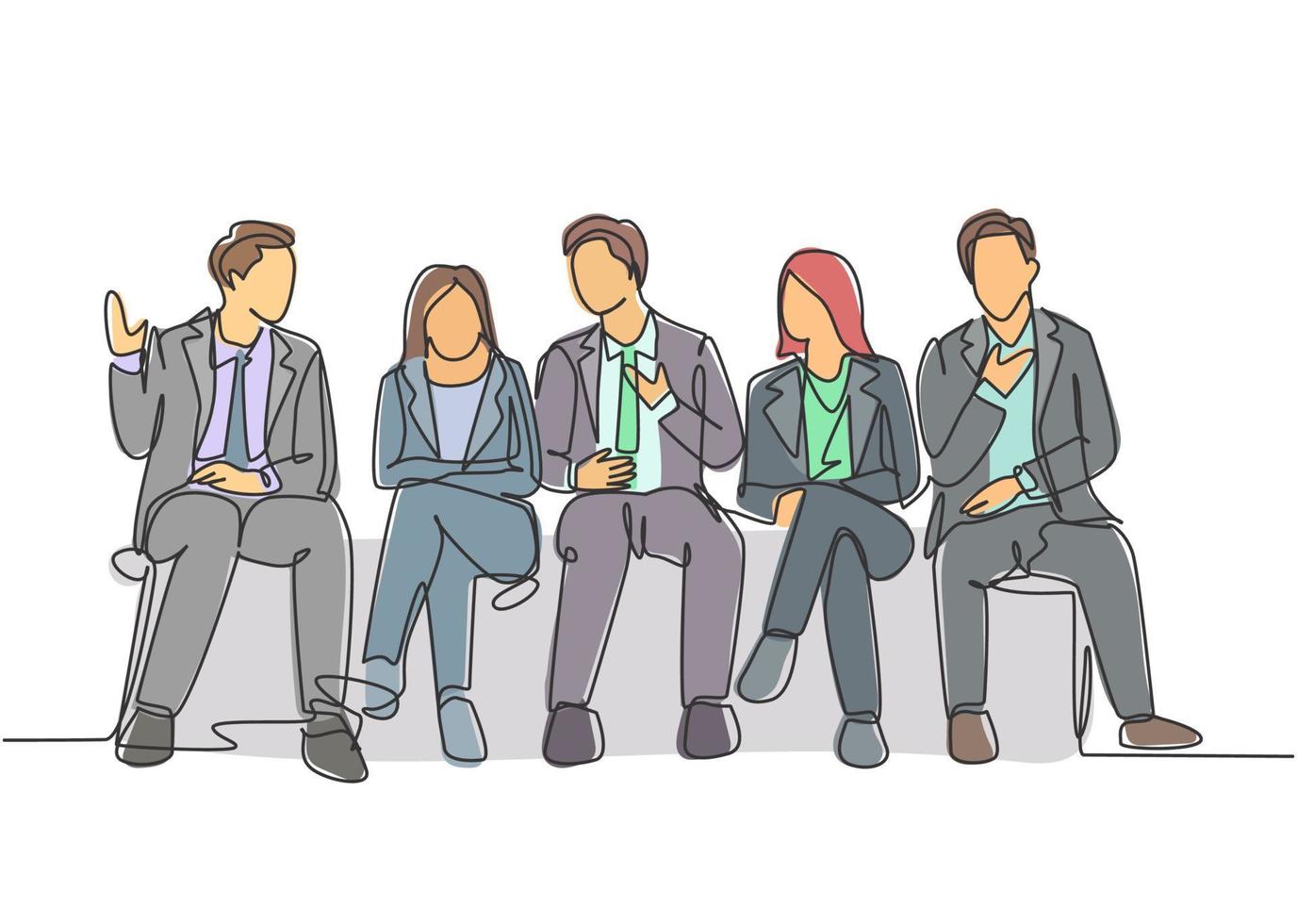 One continuous line drawing of young male and female interviewee sitting on chair waiting for their turn to be interviewed. Job applicant process concept single line draw design vector illustration