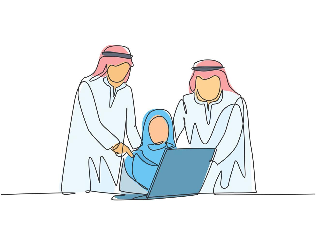 dibujo de línea continua única de jóvenes trabajadores musulmanes felices viendo videos de capacitación empresarial en una computadora portátil. tela árabe de Oriente Medio shmagh, hijab, thawb, bata. Ilustración de vector de diseño de dibujo de una línea