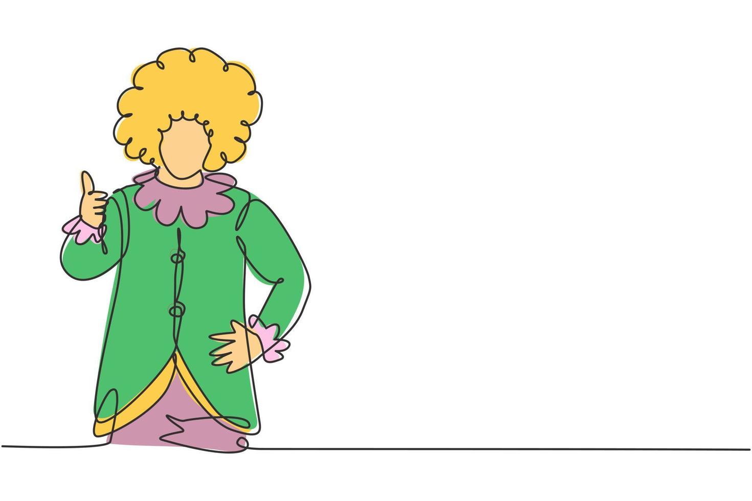 Single continuous line drawing a clown with thumbs-up gesture, wearing a wig and smiling face make-up, entertaining kids at a festive birthday. Dynamic one line draw graphic design vector illustration