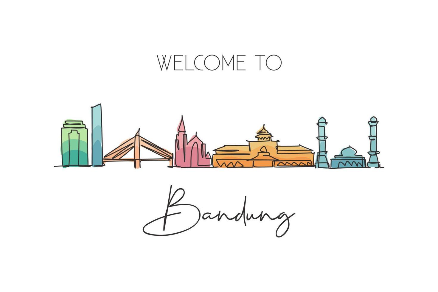 One continuous line drawing of Bandung city skyline, India. Beautiful city landmark. World landscape tourism and travel vacation. Editable stylish single line draw design graphic vector illustration