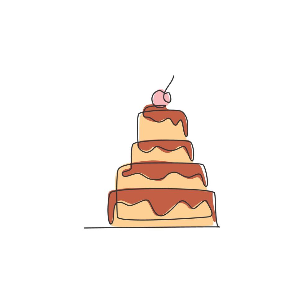 dibujo de una sola línea continua de pastel de aniversario estilizado con arte de topping de cereza. concepto de pastelería. ilustración gráfica vectorial de diseño de dibujo de una línea moderna para pastelería vector