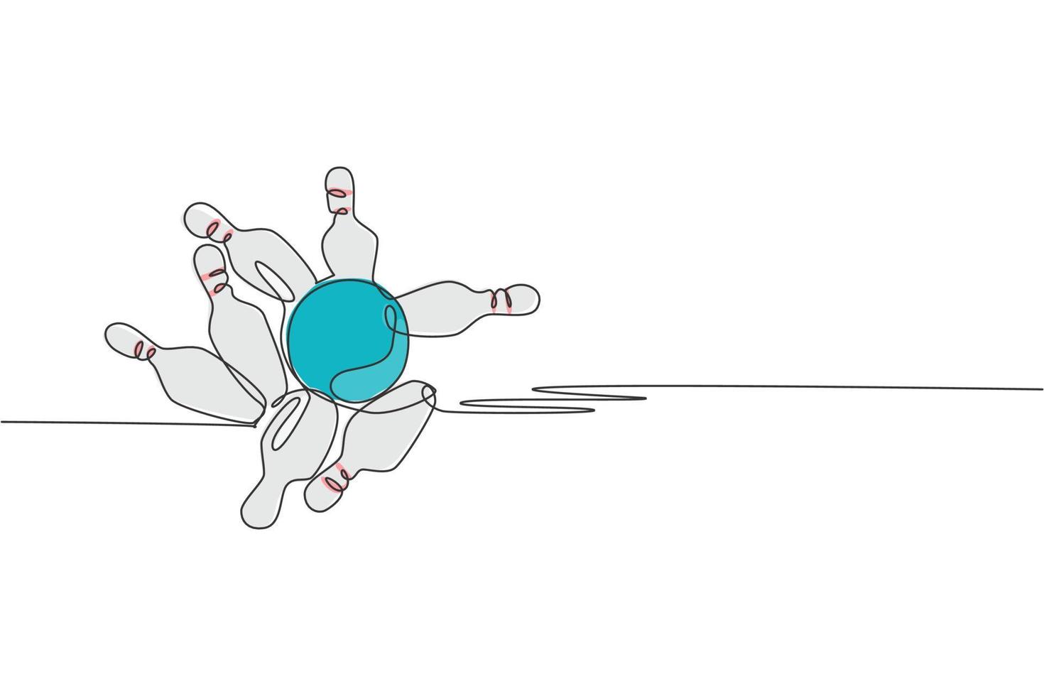 One single line drawing of bowling ball thrown to bowling pins until