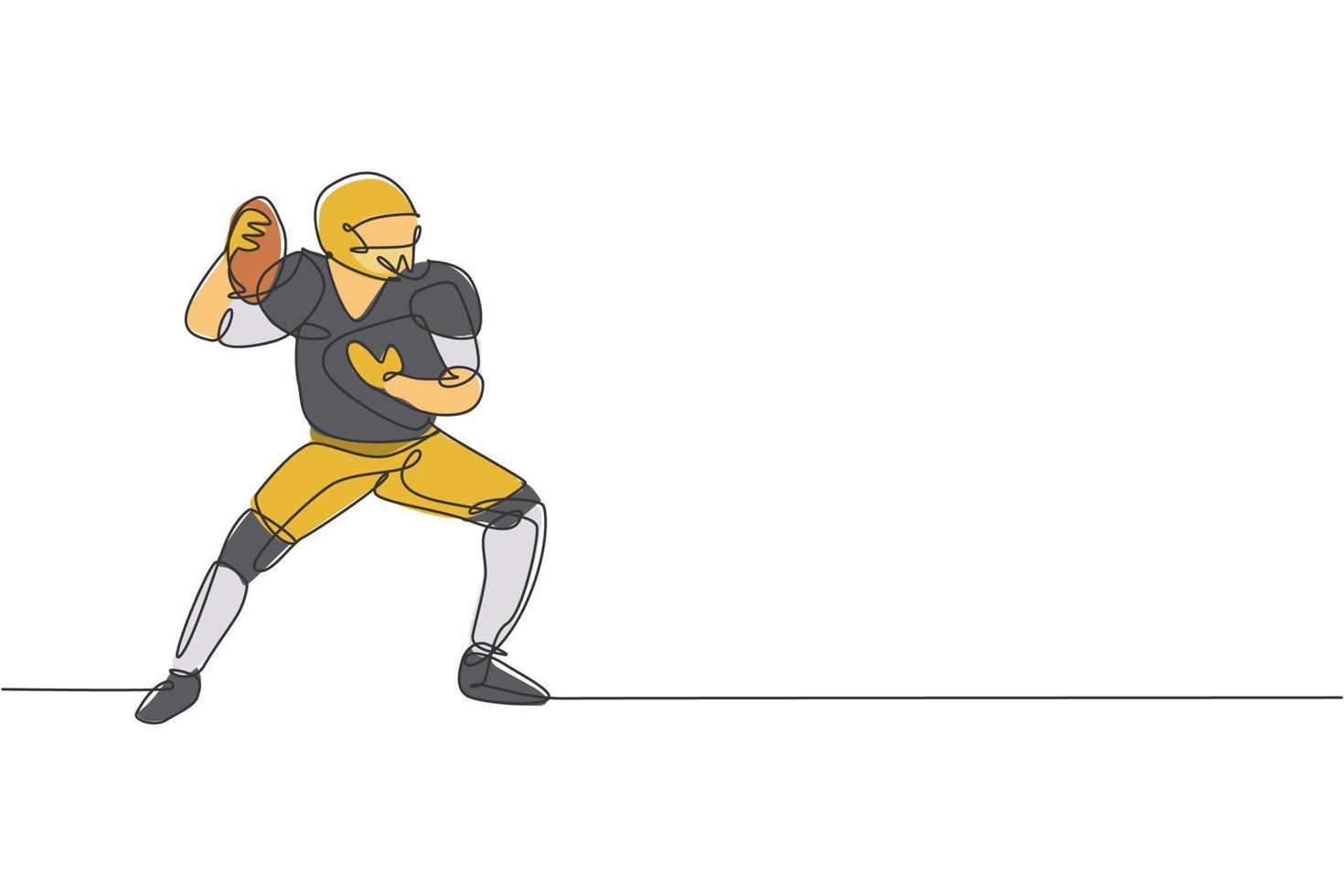 One continuous line drawing of young sporty american football player pass the ball to his teammates for competition poster. Sport teamwork concept. Dynamic single line draw design vector illustration
