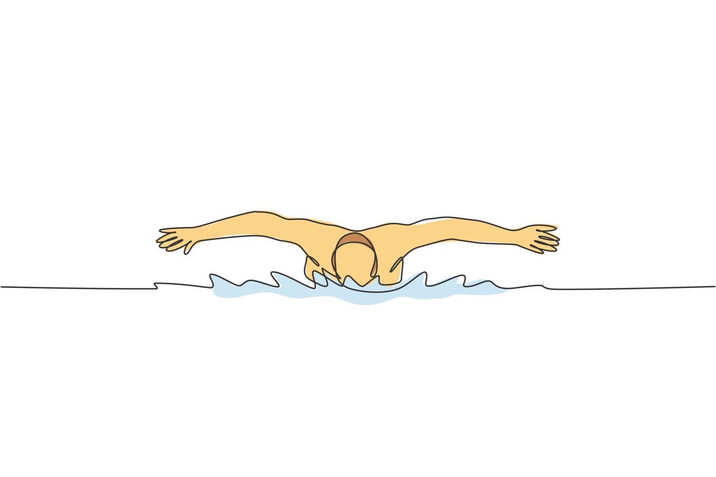 One continuous line drawing of young muscular professional swimmer man swimming in sport center. Healthy sport and fitness cardio exercise concept. Dynamic single line draw design vector illustration
