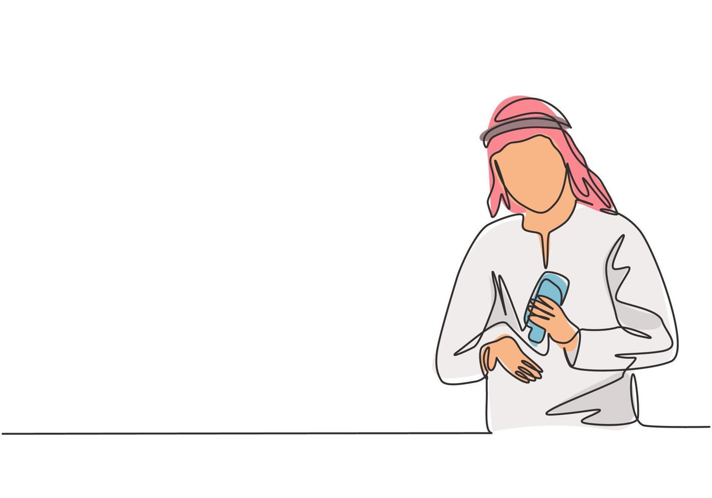 Single continuous line drawing an Arab male pours hand sanitizer into his palms to avoid germs and be more hygienic. Protection against corona virus. One line draw graphic design vector illustration.