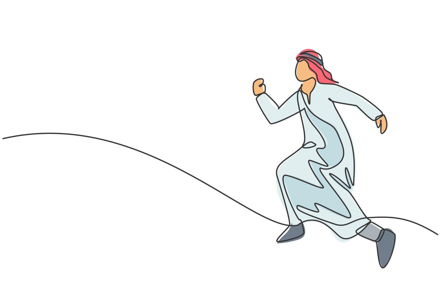 Single continuous line drawing of young Arabic businessman far jumping leap to reach business goal. Smart visionary manager. Minimalism concept dynamic one line draw graphic design vector illustration