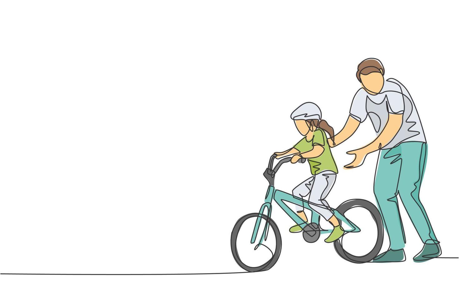One single line drawing young father teaching his daughter riding bicycle at public park vector graphic illustration. Fatherhood lesson. Urban family time concept. Modern continuous line draw design