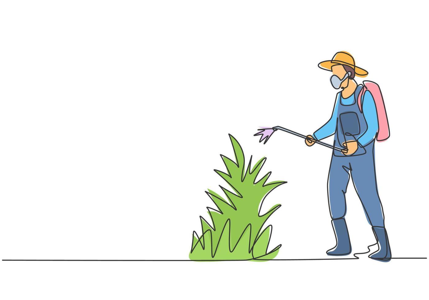 Single continuous line drawing young male farmer complete with mask spraying the green plants with disinfectant sprayer. Minimalism concept. Dynamic one line draw graphic design vector illustration