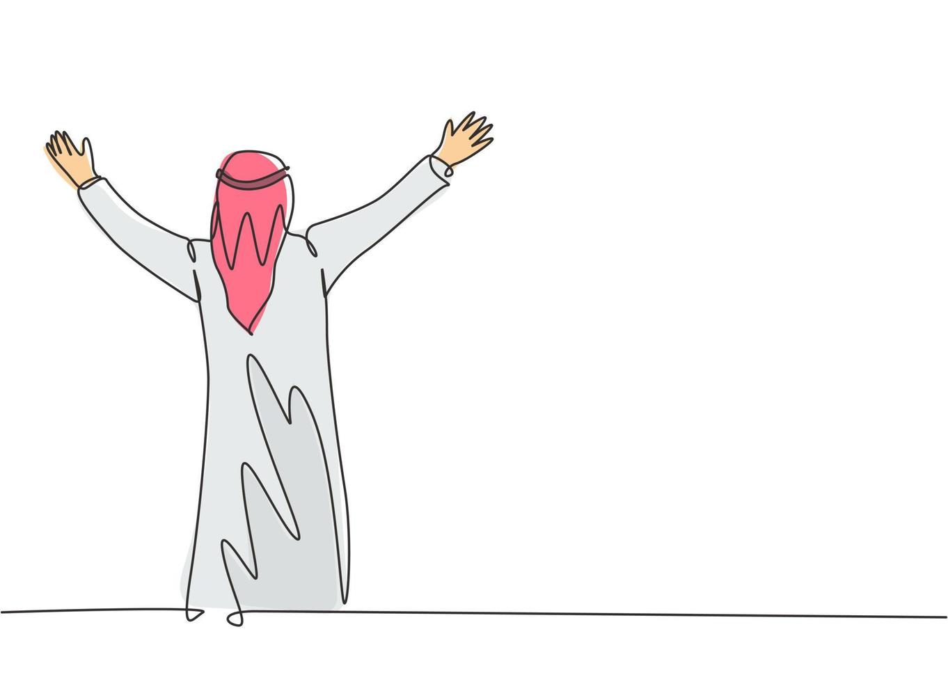 un dibujo de línea continua del joven empresario musulmán feliz celebra su proyecto de negocio. árabe saudita con shemag, bufanda, ropa keffiyeh. Ilustración de vector de diseño de dibujo de una sola línea