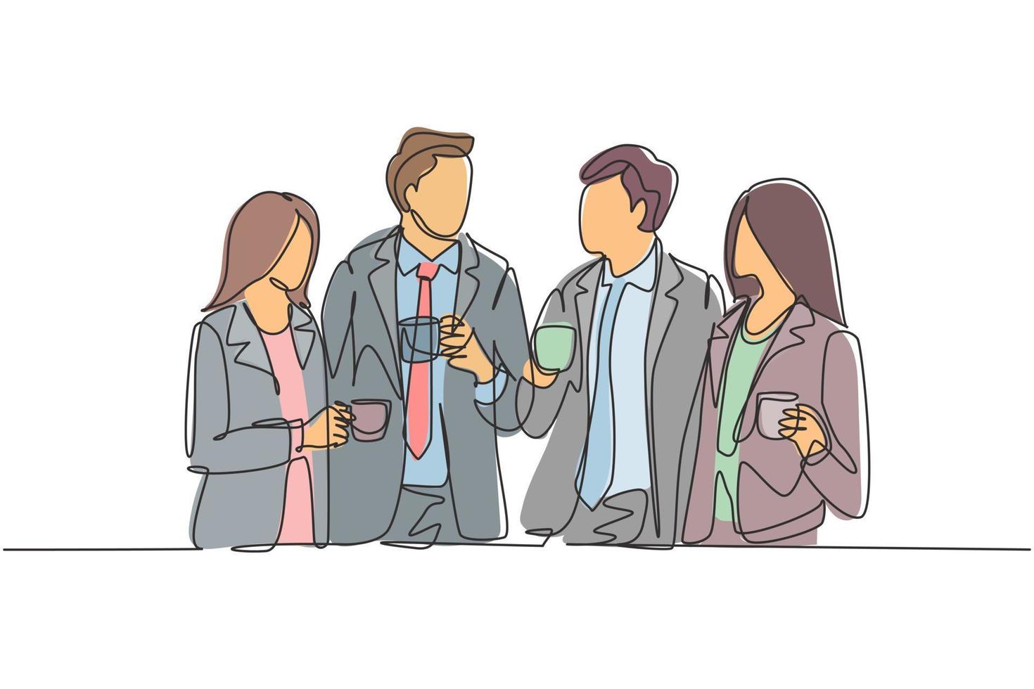 One single line drawing of young male and female office employees discussion together while office break time. Business talk concept. Continuous line draw design vector graphic illustration