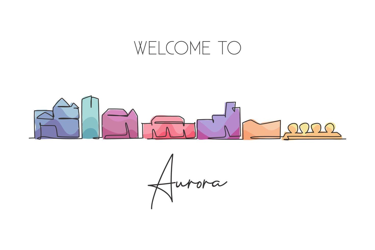 Single continuous line drawing of Aurora city skyline, Colorado. Famous city scraper landscape. World travel home wall decor art poster print concept. Modern one line draw design vector illustration