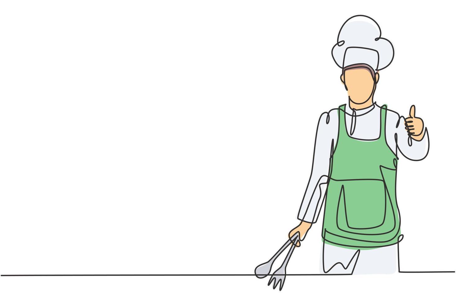 Single one line drawing of the chef with thumbs-up gestures and uniforms is ready to cook meals for guests at famous restaurants. Modern continuous line draw design graphic vector illustration.