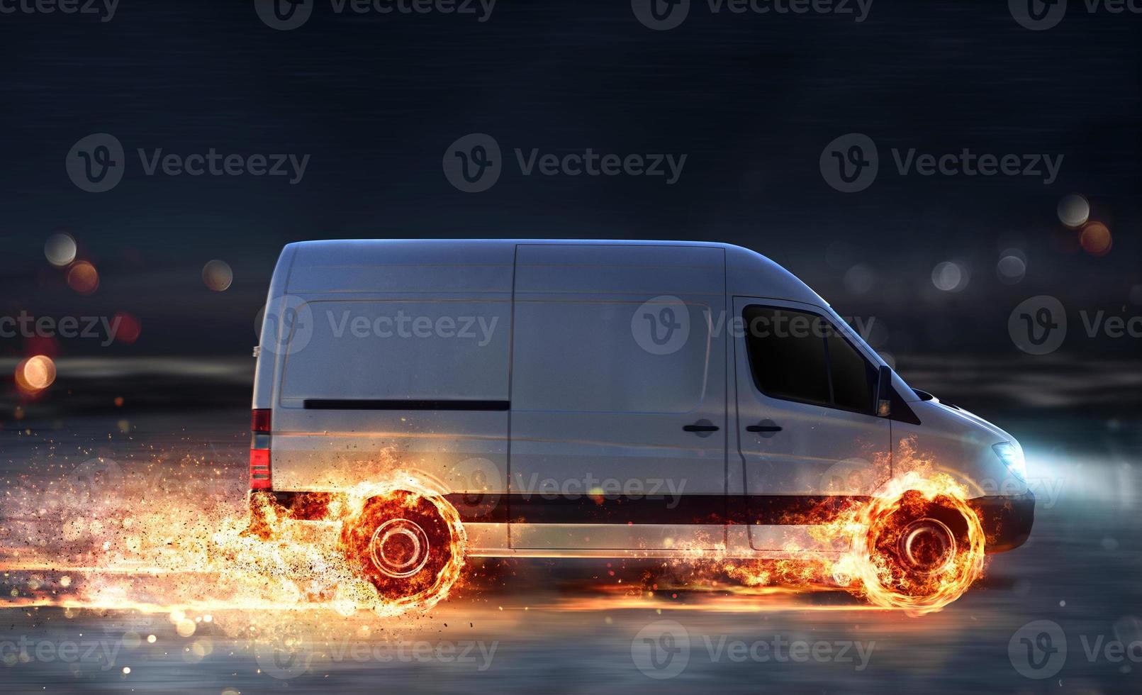 Super fast delivery of package service with van with wheels on fire photo