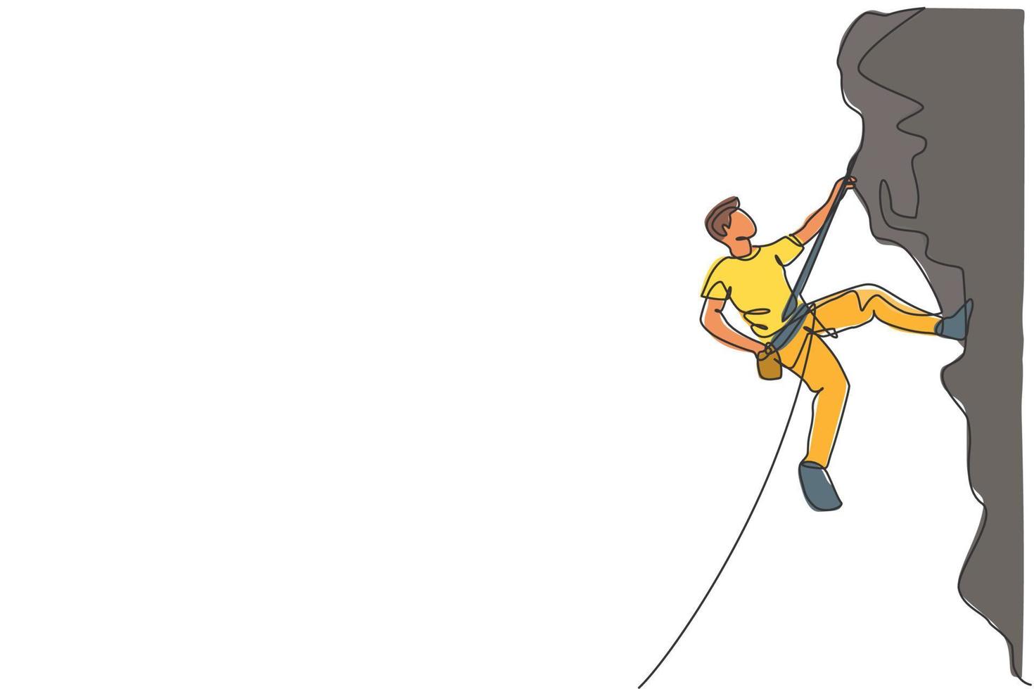 One single line drawing of young active man climbing on cliff mountain holding safety rope graphic vector illustration. Extreme outdoor sport and bouldering concept. Modern continuous line draw design