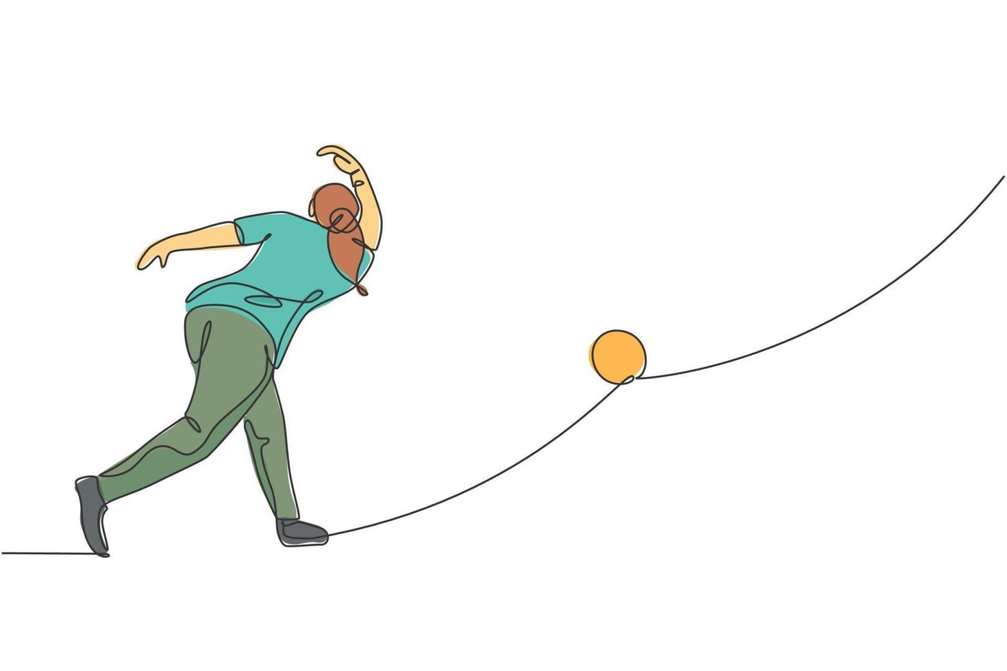 Single continuous line drawing of young happy bowling player man throw bowling ball to hit the pins. Doing sport hobby at leisure time concept. Trendy one line draw design graphic vector illustration