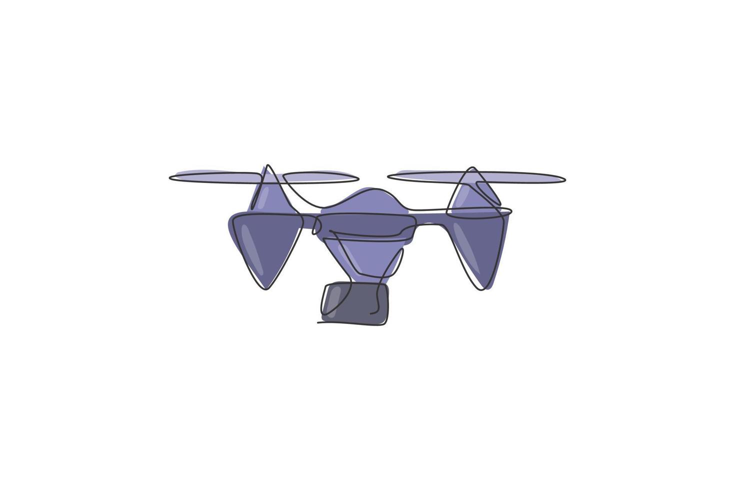 Single continuous line drawing of flying drone airplane, unmanned plane. Air transportation vehicle concept. Trendy one line draw graphic design vector illustration