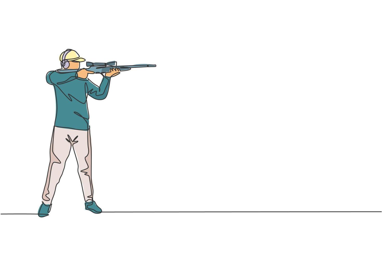 One single line drawing of young man practicing to shot target in range on shooting training ground vector illustration graphic. Clay pigeon shooting sport concept. Modern continuous line draw design