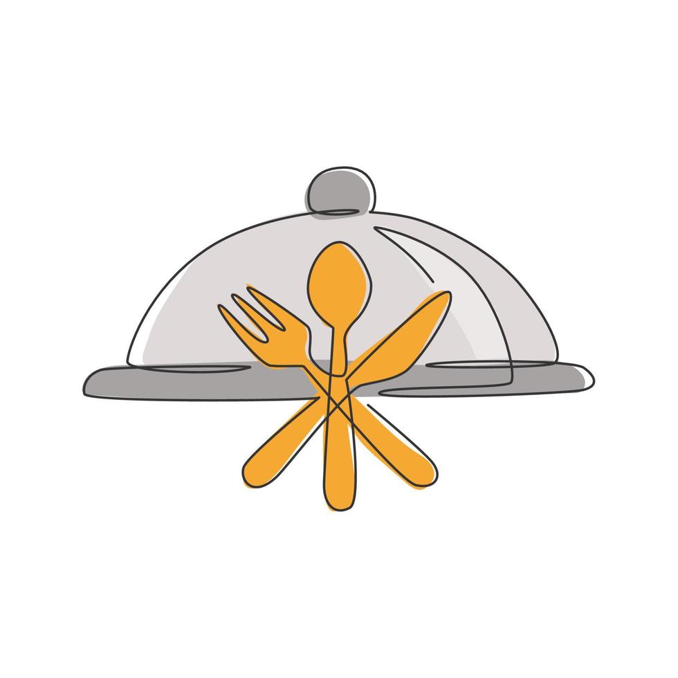 un dibujo de línea continua de la cubierta de la bandeja de comida con tenedor, cuchara y cuchillo para el emblema del logotipo del restaurante. concepto de plantilla de logotipo de café de lujo. Ilustración de vector de diseño de dibujo de una sola línea moderna