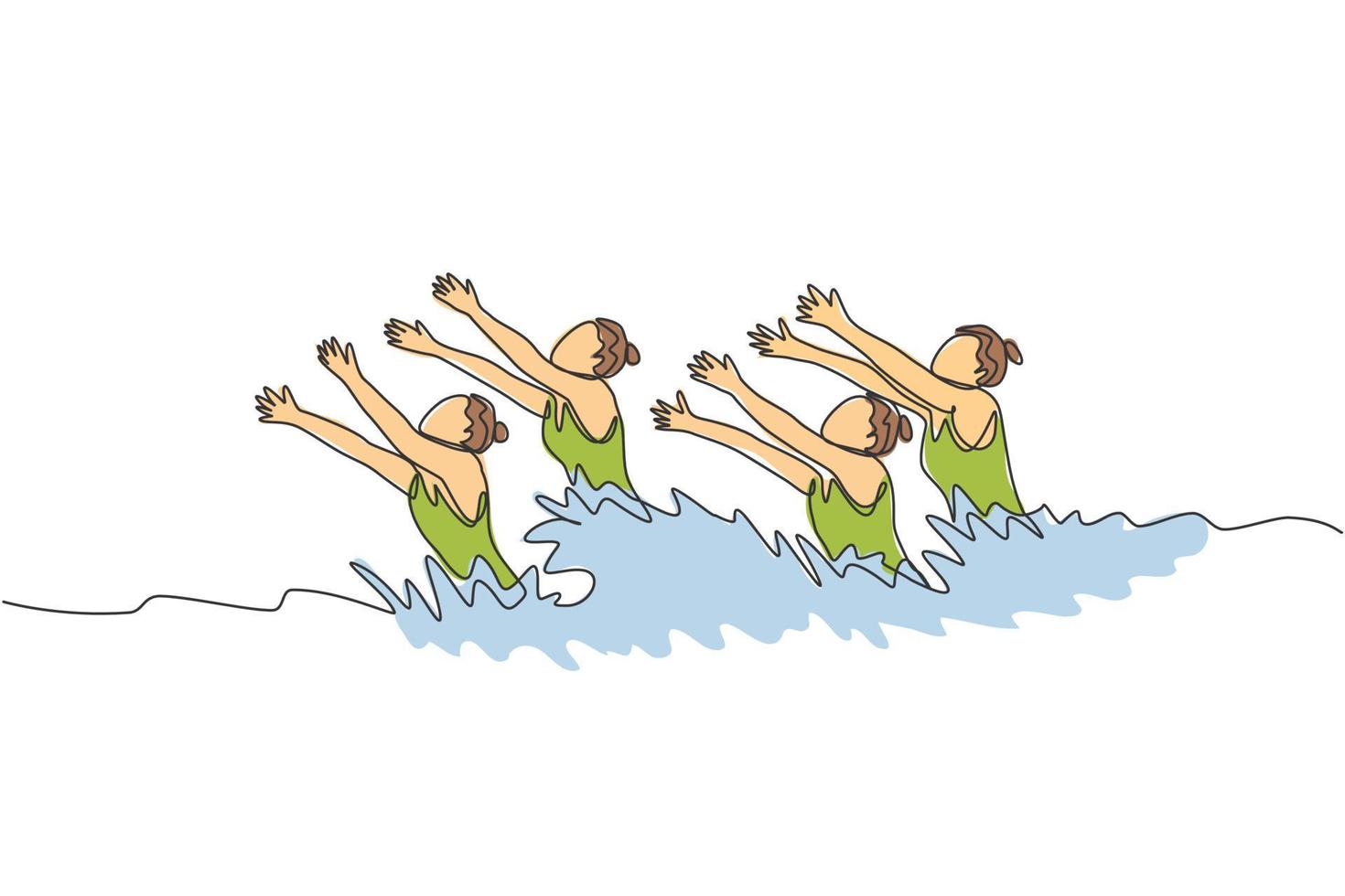 uno soltero línea dibujo de joven belleza mujer nadador ejecutando sincronizado rutina de elaborar se mueve en el agua vector ilustración. equipo agua deporte evento concepto. moderno continuo línea dibujar