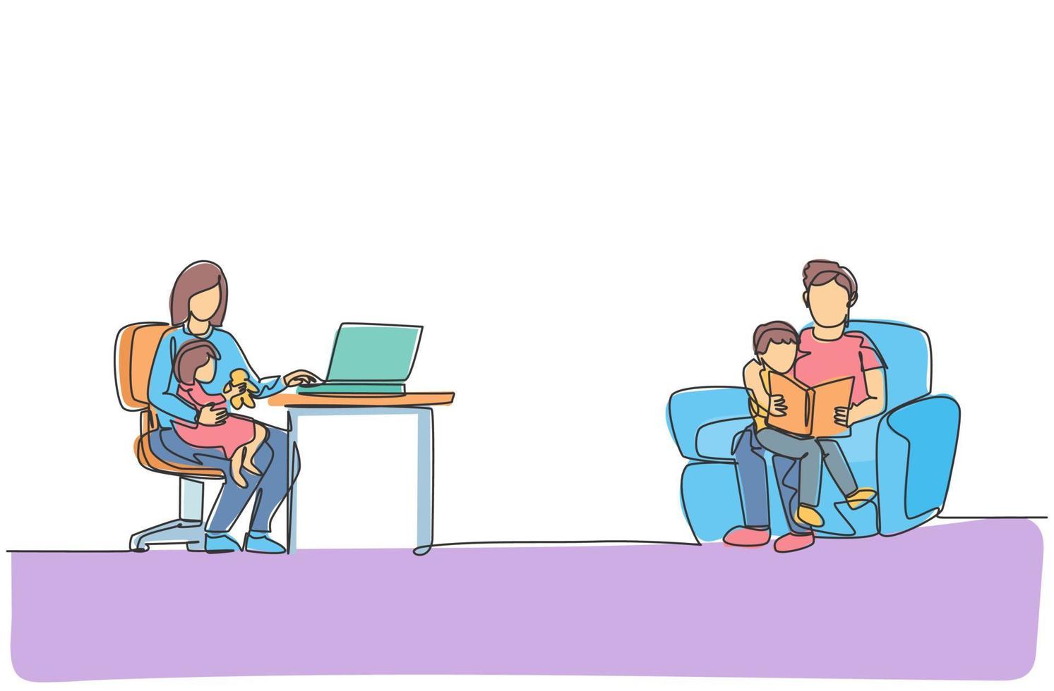 un dibujo de línea continua de un padre joven leyendo un libro a su hijo y a su madre escribiendo en la computadora portátil en casa. concepto de crianza de los hijos de familia feliz. Ilustración de vector de diseño de dibujo de línea única dinámica