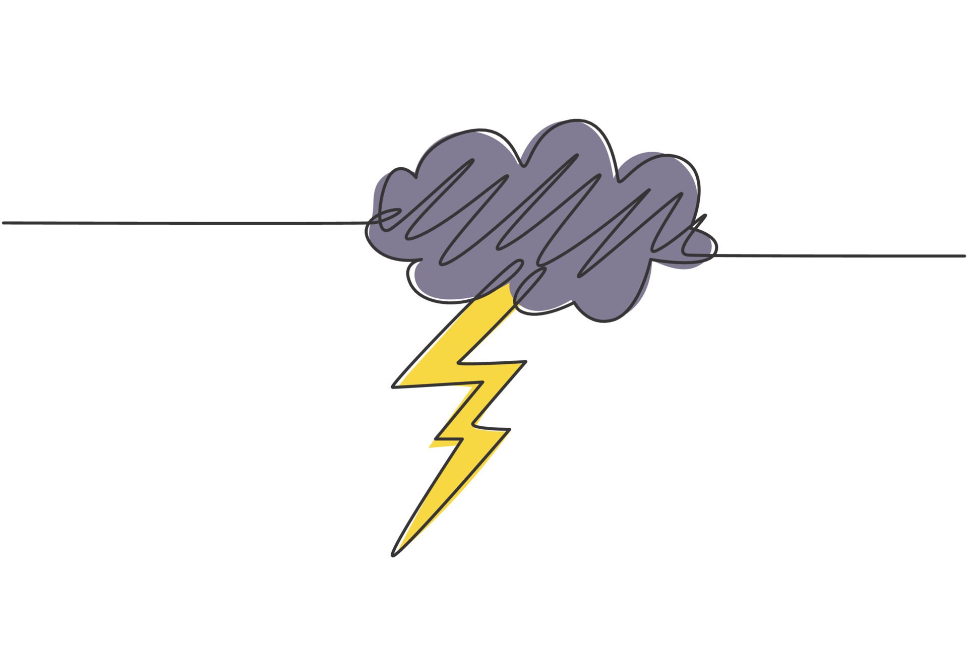 Single continuous line drawing of flashing thunderbolt with heavy cloud
