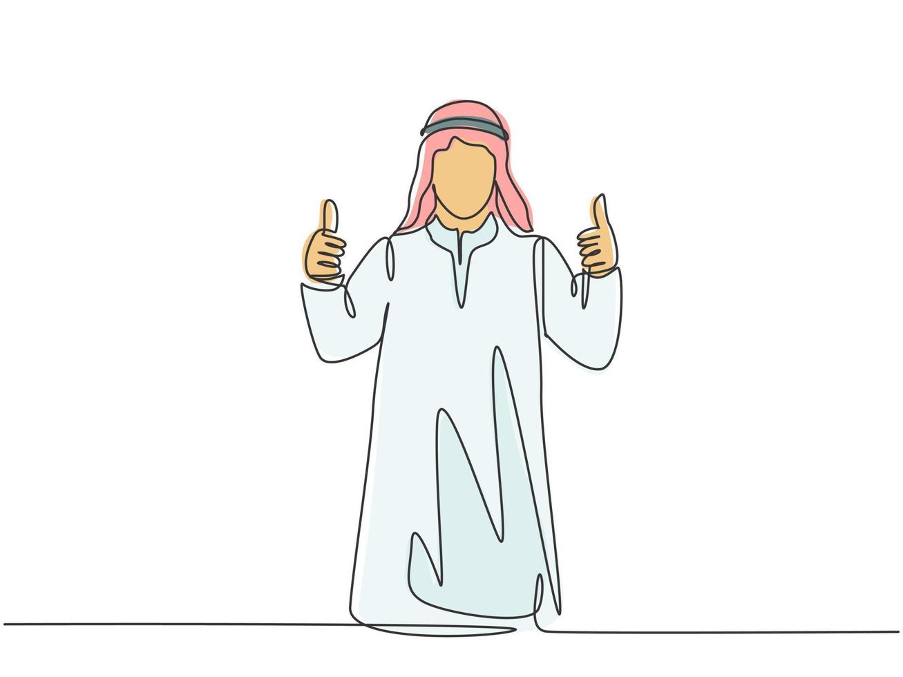 One single line drawing of young happy muslim startup team member giving thumb up gesture. Saudi Arabia cloth shmag, kandora, headscarf, thobe, ghutra. Continuous line draw design vector illustration