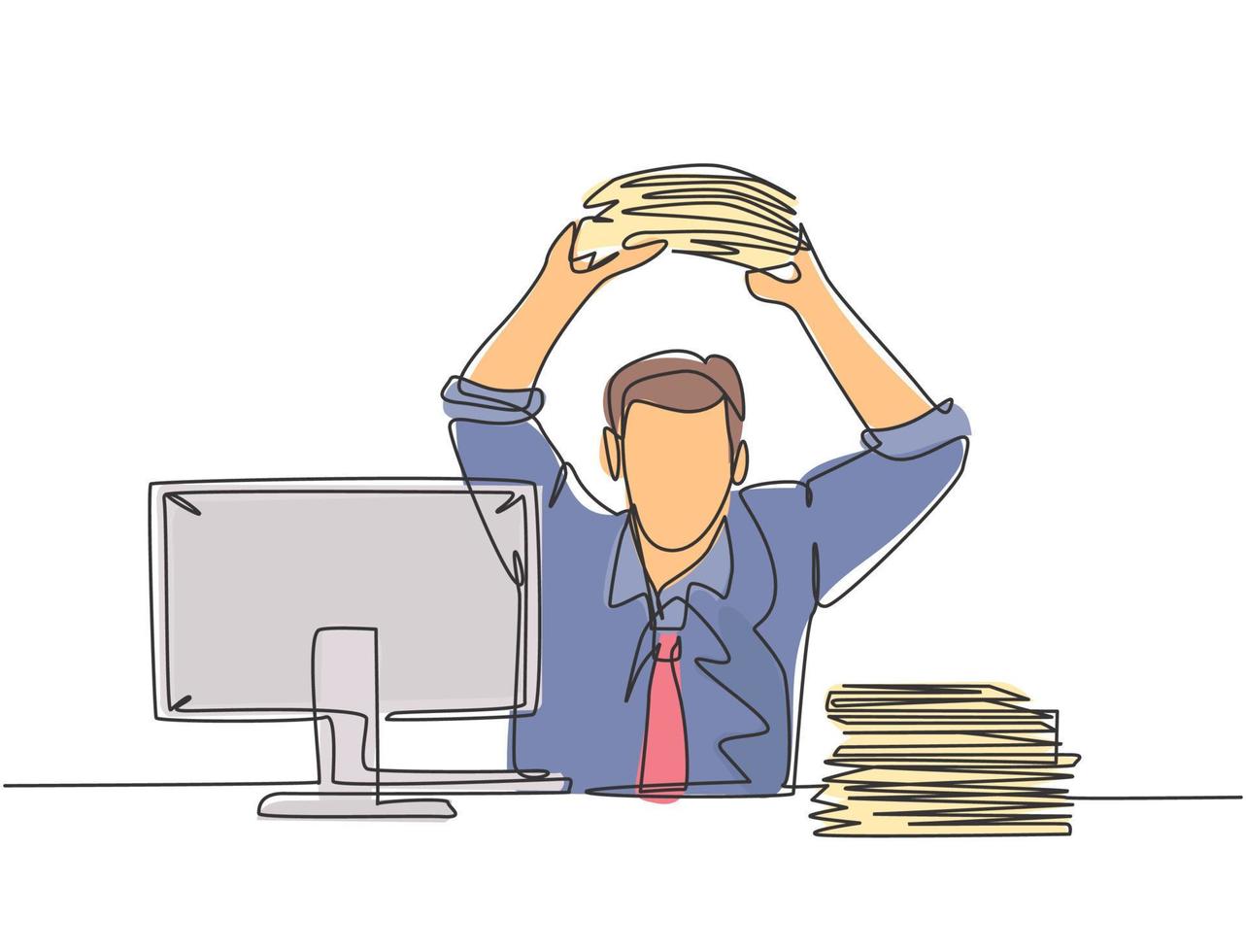 One single line drawing of young madness worker ready to throw file folders to the monitor computer on desk. Work office overload concept continuous line draw design vector graphic illustration