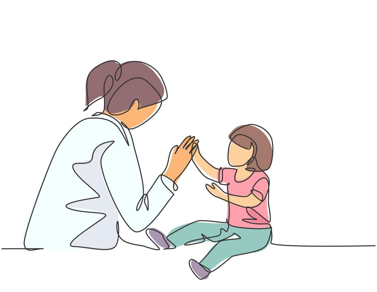 Single continuous line drawing of young female pediatric doctor invited cute baby toddler patient to play and follow her instruction. Medical treatment concept one line draw design vector illustration