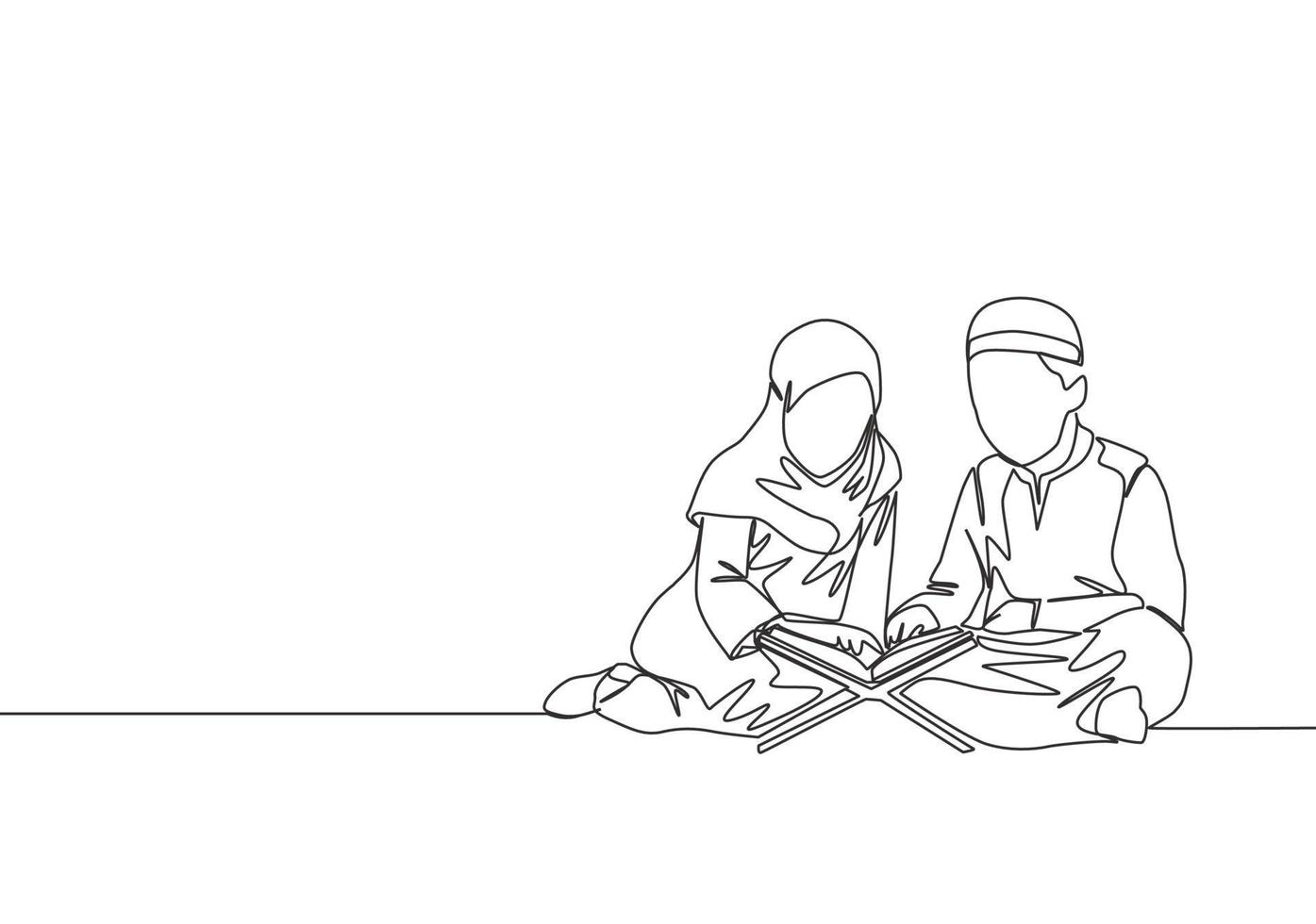 One continuous line drawing of muslim and muslimah kids reading and recite Quran. Islamic holy day Ramadan Kareem and Eid Mubarak greeting card concept single line draw design vector illustration