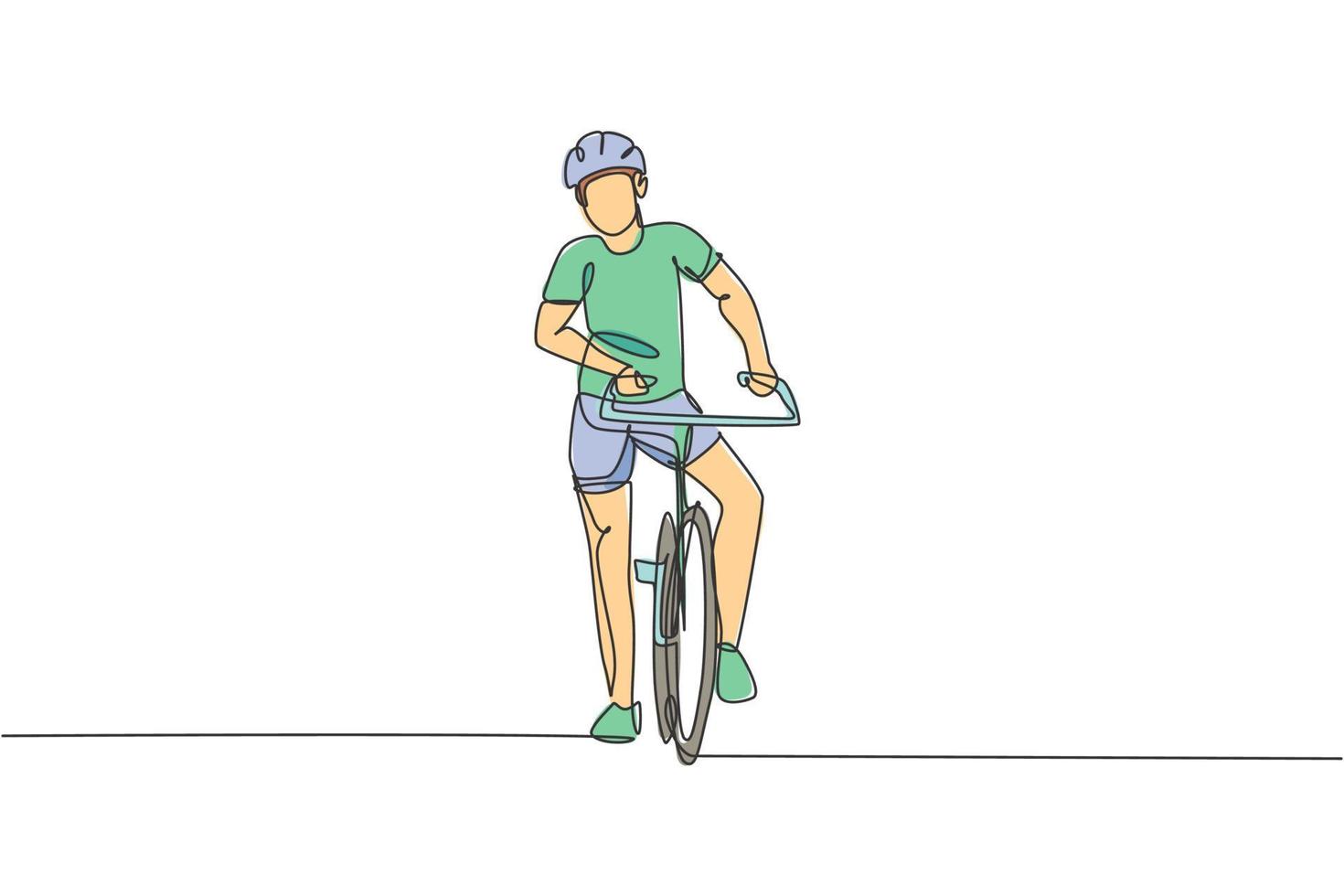 Single continuous line drawing of young agile man cyclist pose confidently at cycling event. Sport lifestyle concept. Trendy one line draw design vector illustration for cycling race promotion media