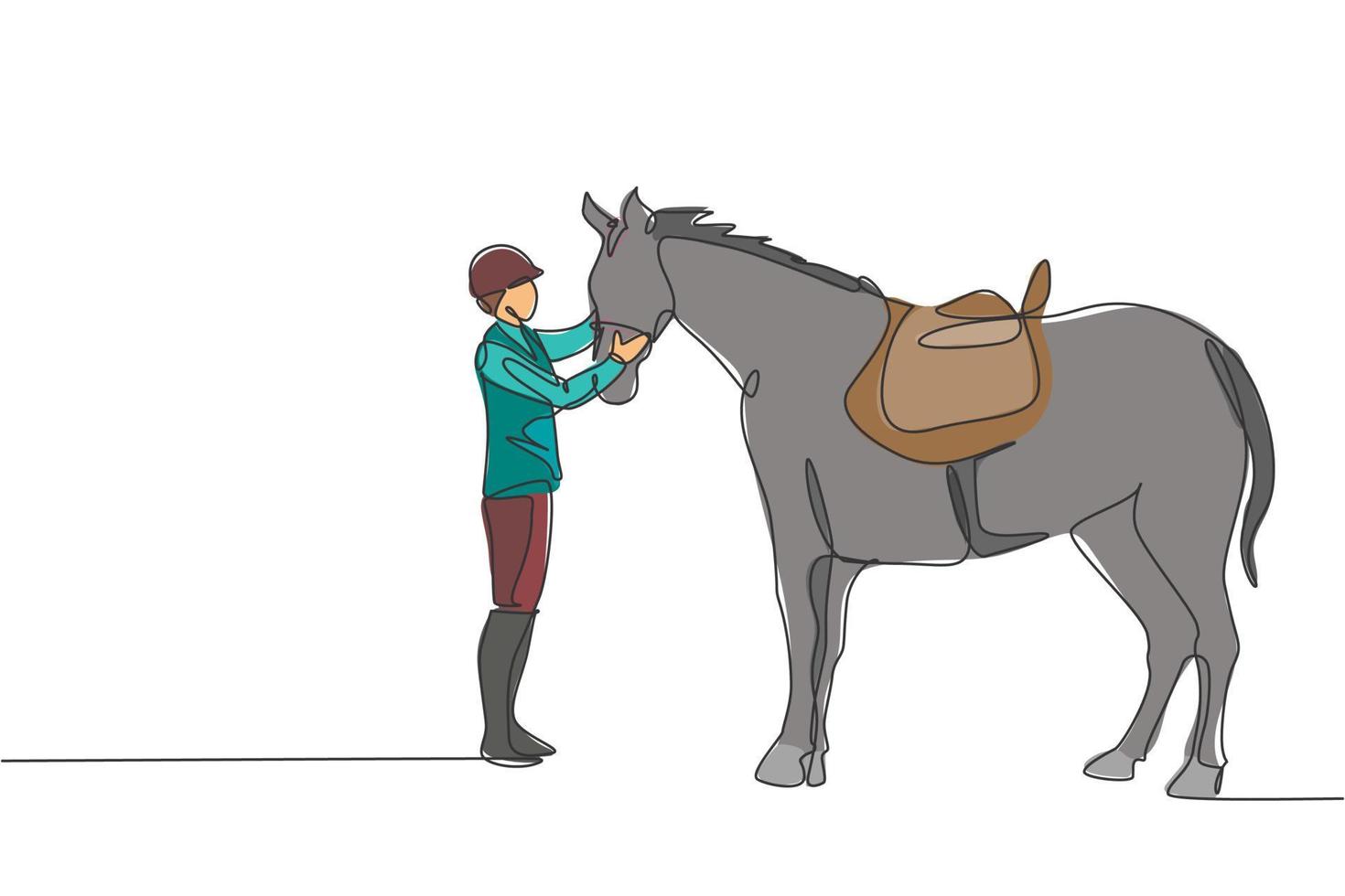 Single continuous line drawing of young professional horseback rider talking wit a horse at the stables. Equestrian sport training process concept. Trendy one line draw design vector illustration