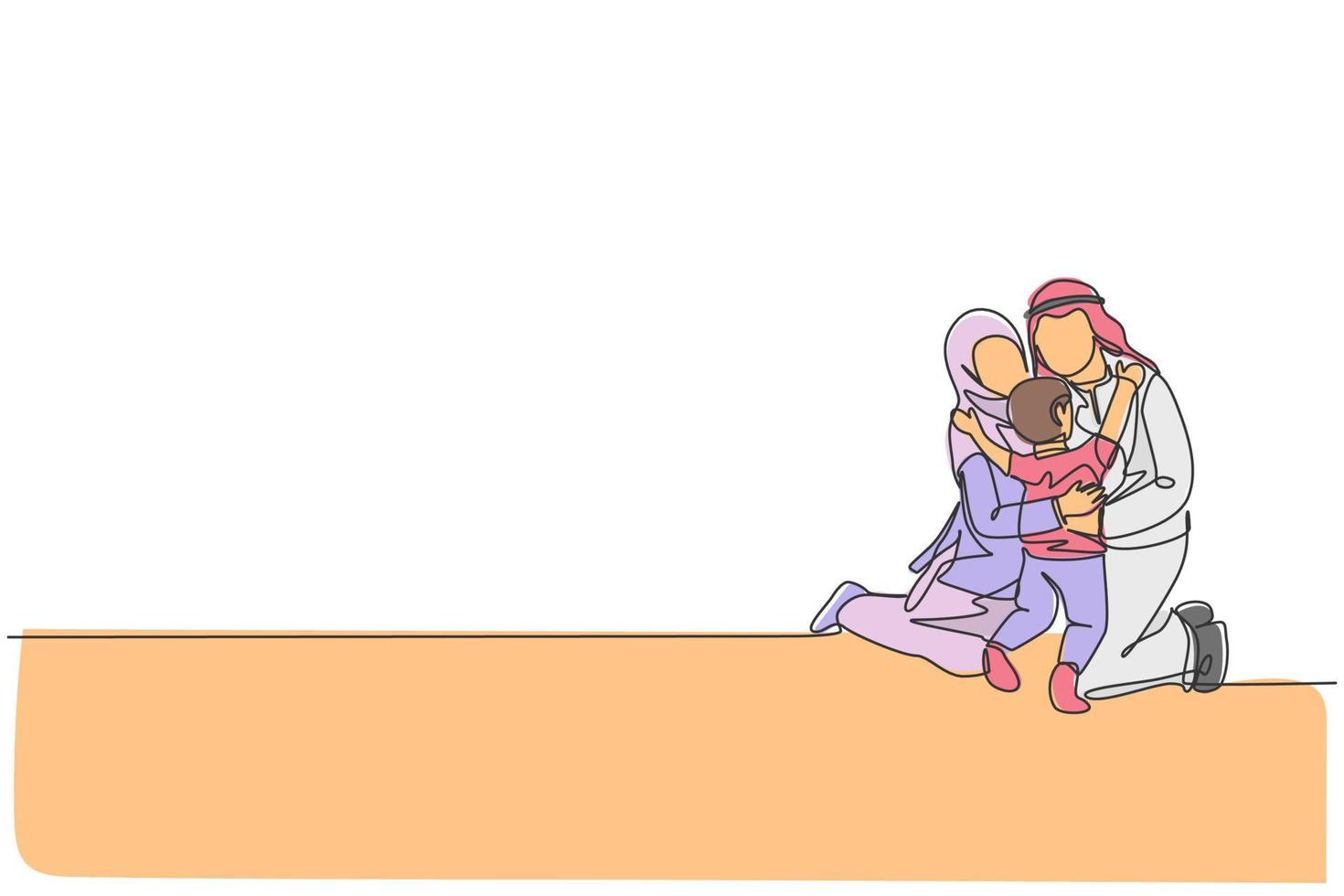 un dibujo de línea continua de una joven madre islámica feliz y un padre abrazando a su hijo en el suelo. concepto de crianza de los hijos de la familia feliz musulmana. Ilustración de vector de diseño de dibujo de línea única dinámica