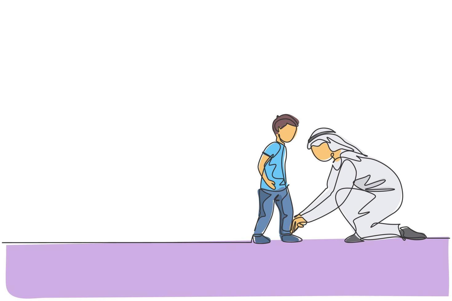 Un dibujo continuo de un joven padre árabe ayuda a su hijo a atarse los cordones de los zapatos antes de ir a la escuela. feliz musulmán islámico amoroso concepto de familia de crianza de los hijos. Ilustración de vector de diseño de dibujo de una sola línea