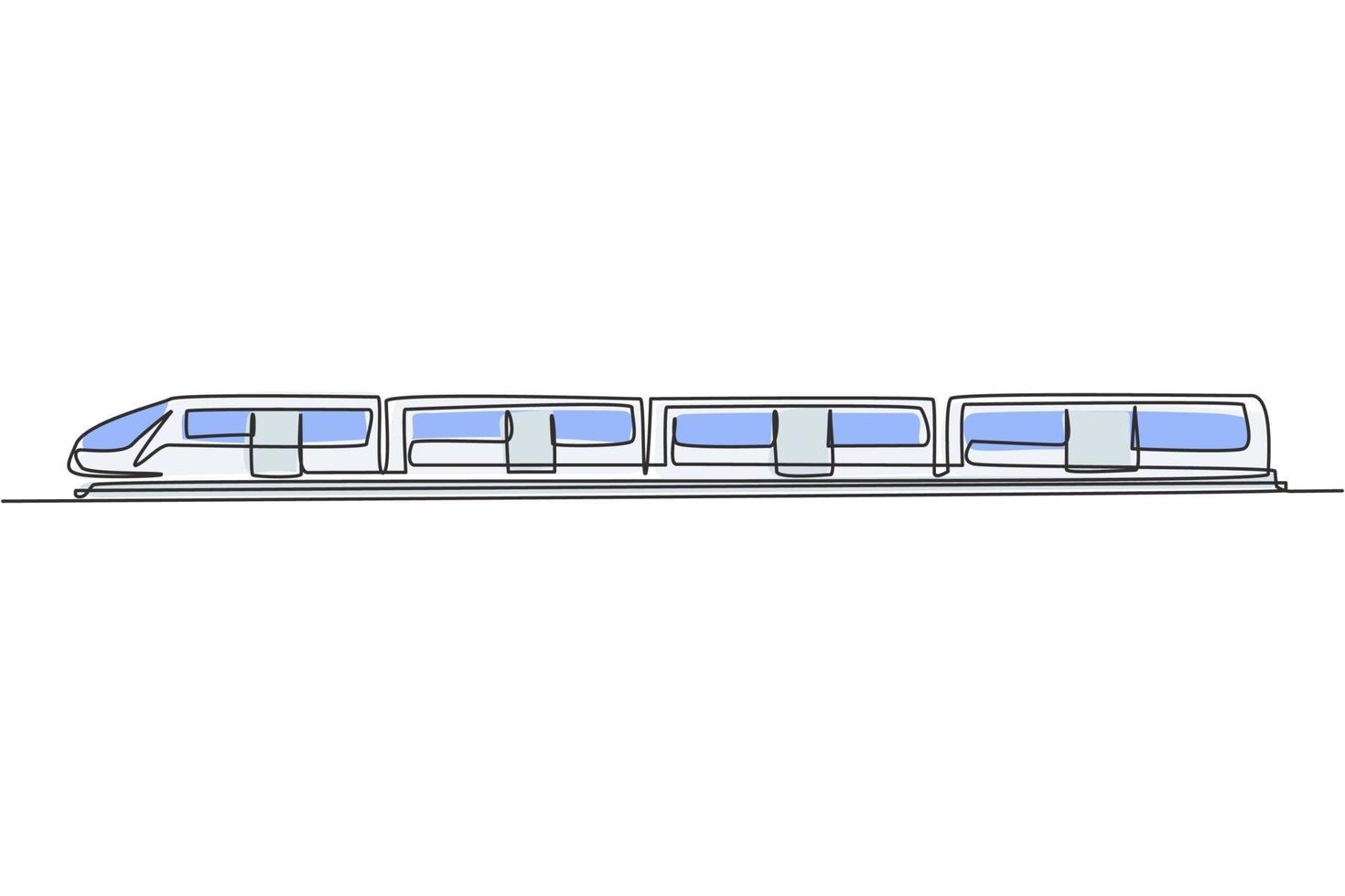 continuo uno línea dibujo bala tren exceso de velocidad en el pistas que lleva pasajeros quien son en verano vacaciones. asequible público transporte. soltero línea dibujar diseño vector gráfico ilustración.