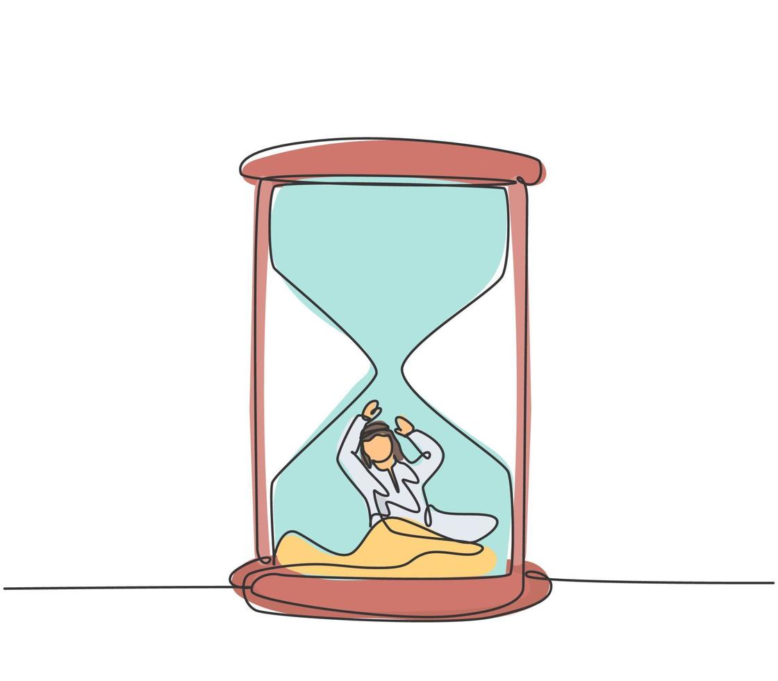 dibujo de una sola línea del joven empresario árabe enterrado dentro de un reloj de arena pidiendo ayuda. concepto de plazo de negocio de metáfora de minimalismo. Ilustración de vector gráfico de diseño de dibujo de línea continua.