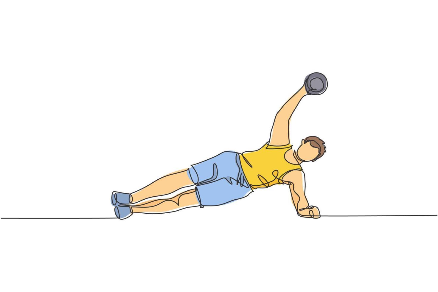 un dibujo de una sola línea de un joven enérgico que trabaja haciendo tablones laterales con pesas en la ilustración vectorial del gimnasio. deporte de fitness y concepto de estilo de vida saludable. diseño moderno de dibujo de línea continua vector