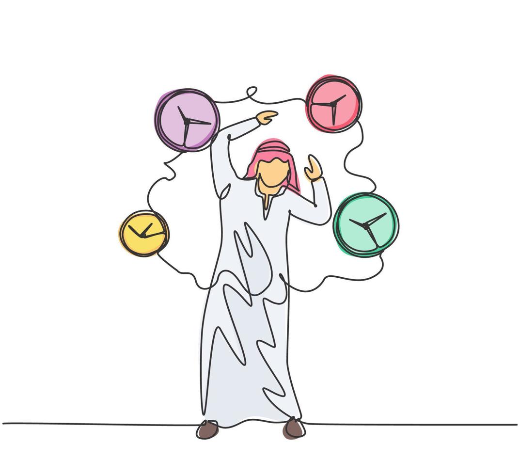 Single one line drawing of young stressful Arabian business man surrounded by flying clocks. Minimalism metaphor business deadline concept. Continuous line draw design graphic vector illustration.