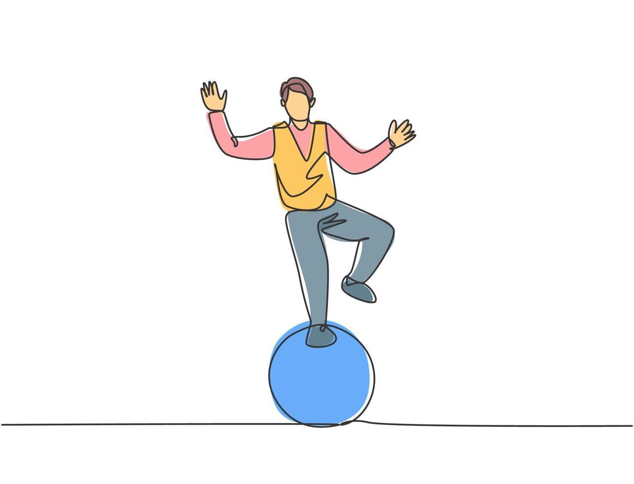 dibujo continuo de una línea un acróbata masculino realiza una maniobra de pie con un pie sobre una pelota de circo mientras realiza una danza. interesante para la audiencia. Ilustración de vector de diseño de dibujo de una sola línea.