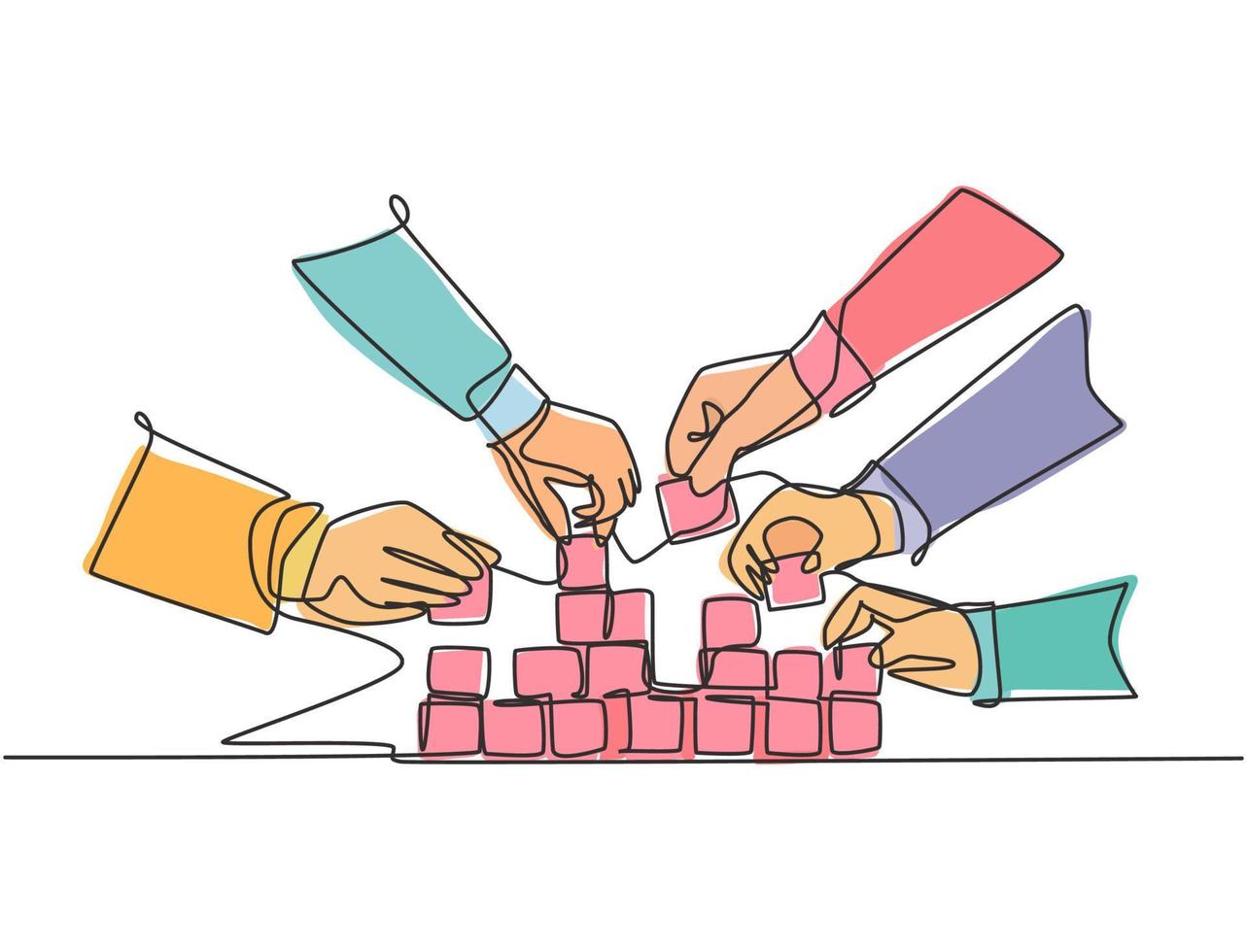 Single continuous line drawing of business team member arrange wooden cube block become sturdy tower together to improve team building. Teamwork concept one line draw design vector illustration