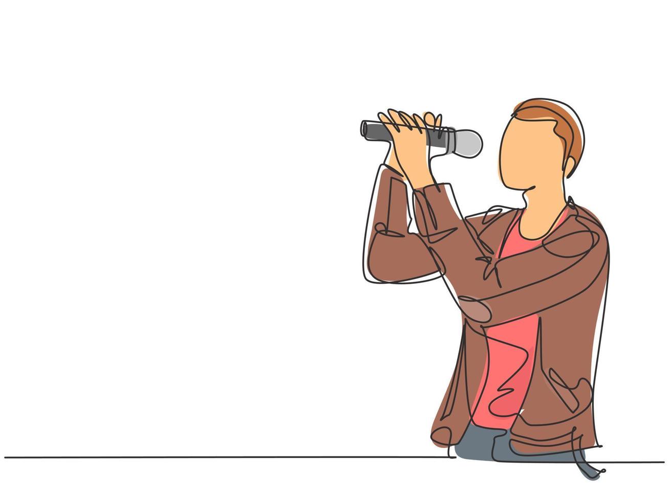 One single line drawing of young happy male rock singer holding microphone and singing on music festival stage. Musician artist performance concept continuous line draw design vector illustration