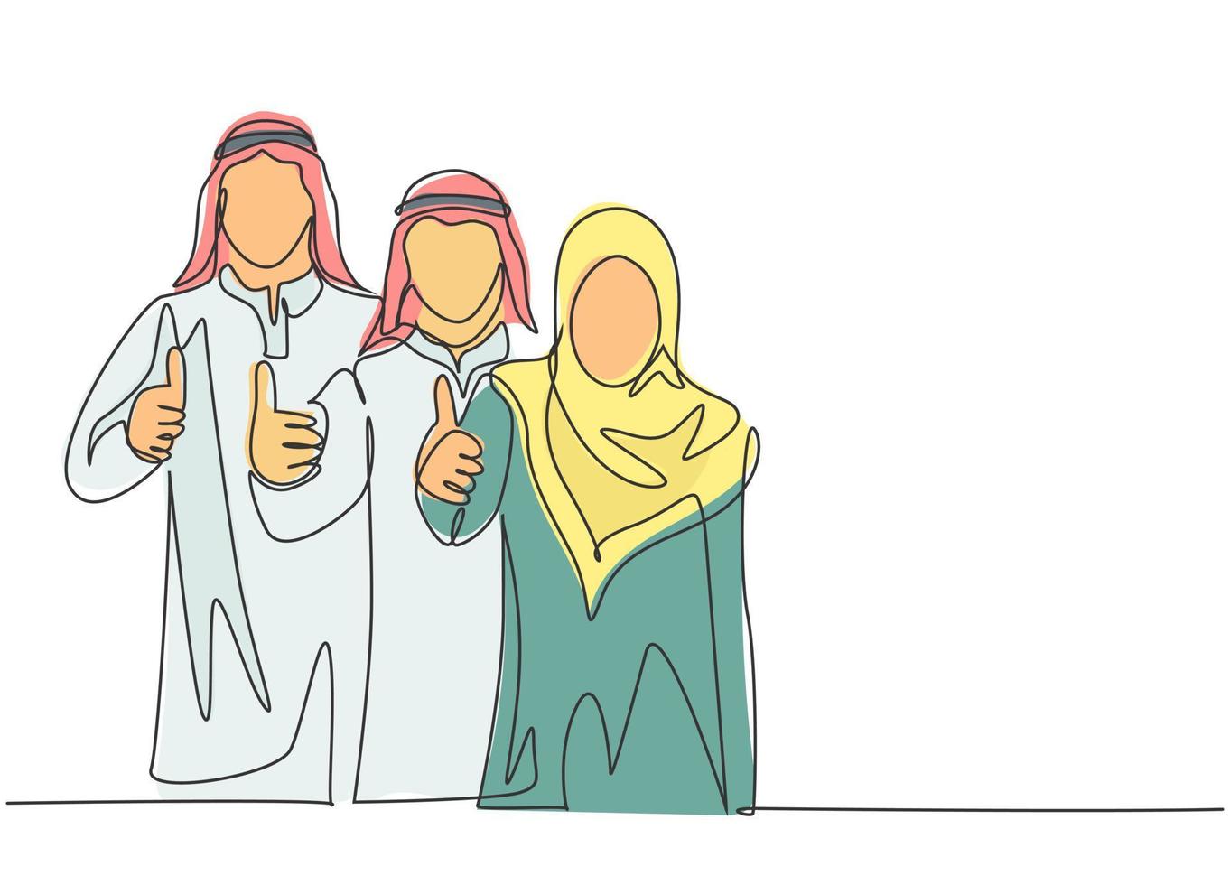 Single continuous line drawing of young muslim male and female marketing managers giving thumbs up gestures. Arab middle east cloth shmagh, kandura, thawb. One line draw design vector illustration