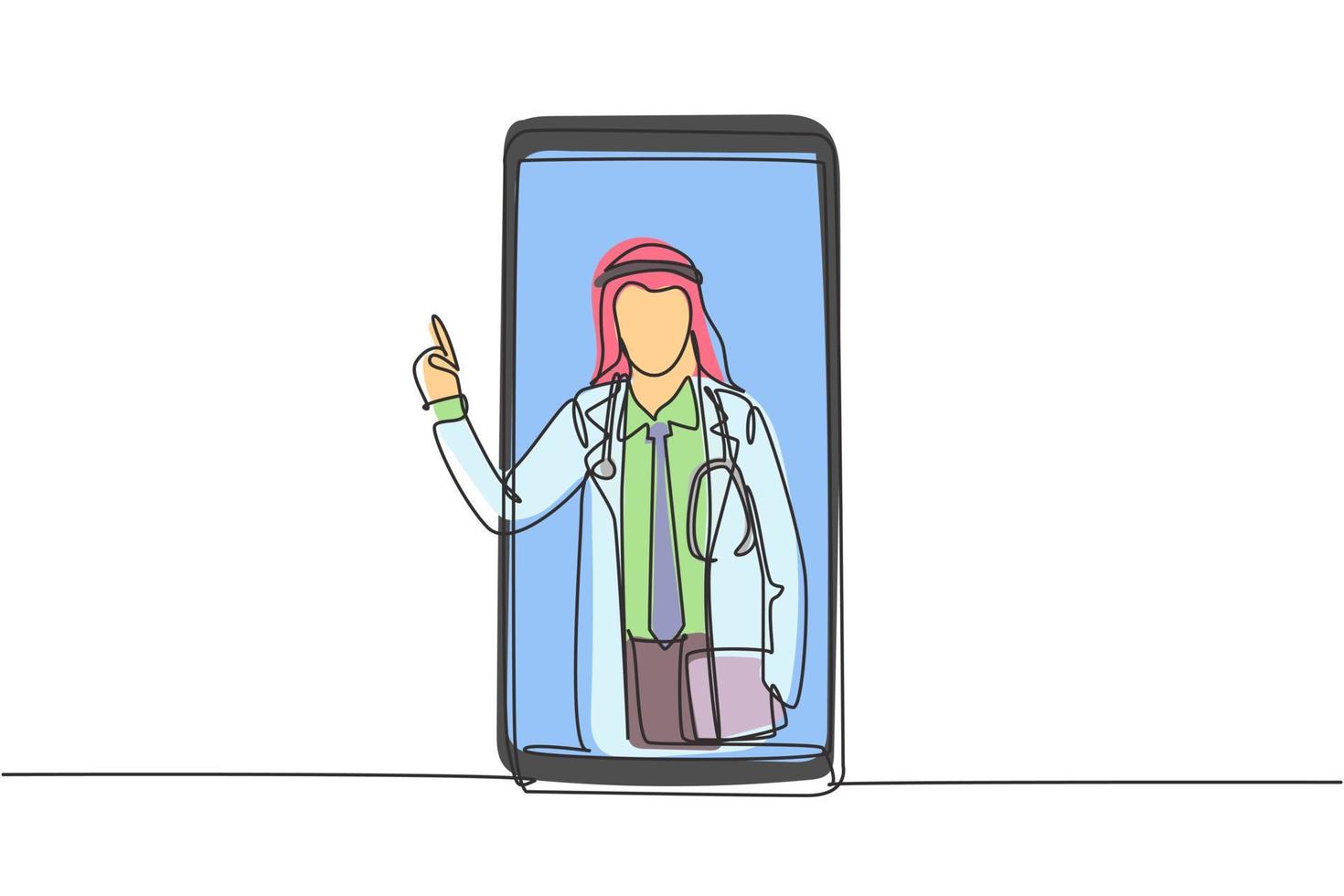 Single one line drawing Arabian male doctor comes out of smartphone screen while explaining infectious disease. Online medical concept. Modern continuous line draw design graphic vector illustration