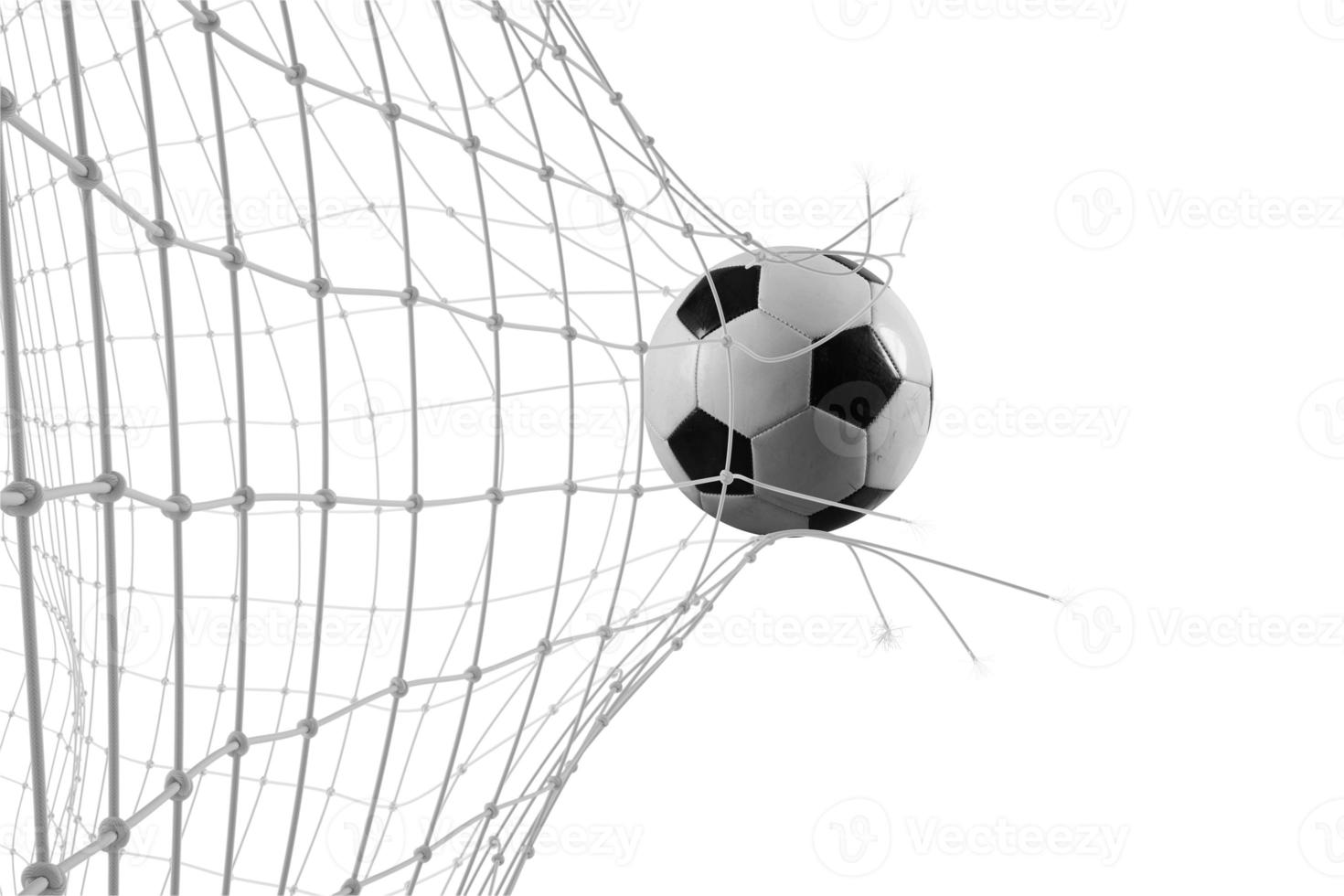 Soccer ball breaks through the net in a football match. 3d rendering photo